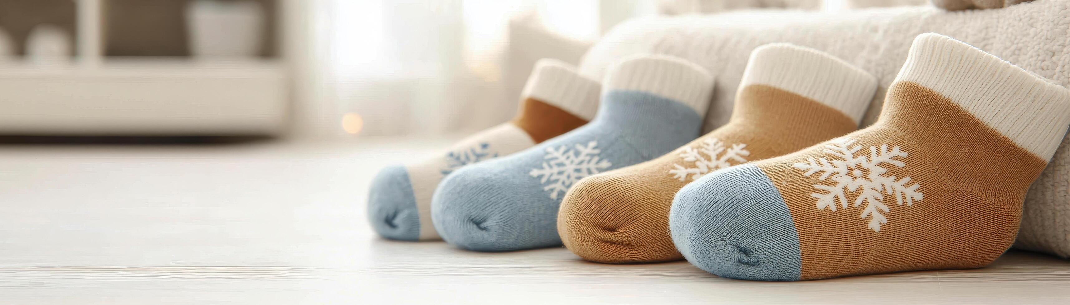 Cozy winter socks with snowflake patterns blue and brown colors lined up wooden floor creating warm and festive atmosphere photo