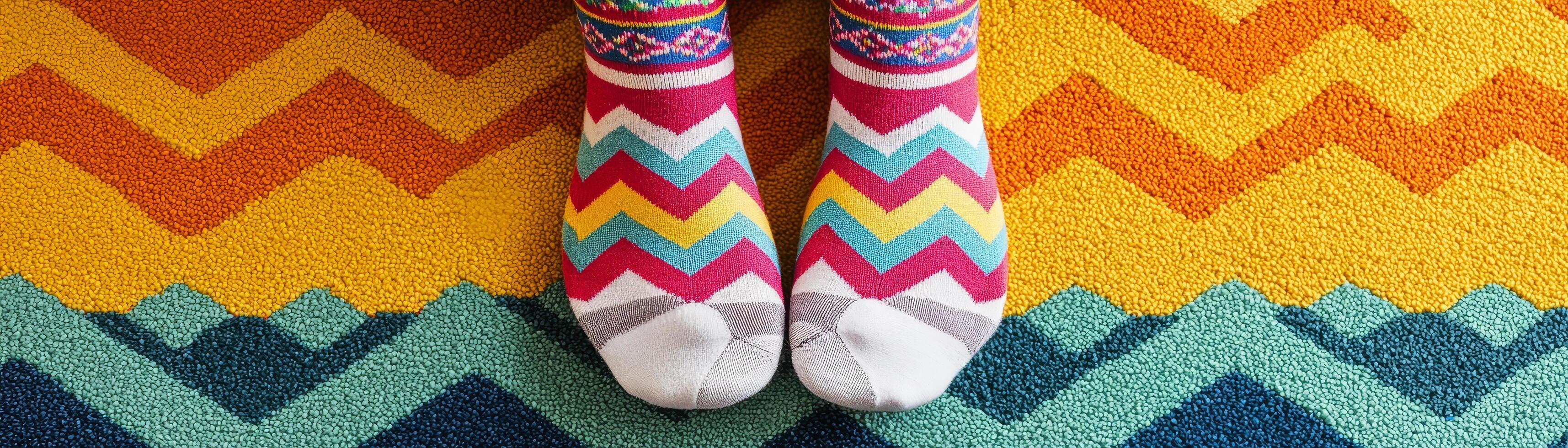 Colorful socks with zigzag pattern on vibrant textured carpet create cheerful and playful mood photo