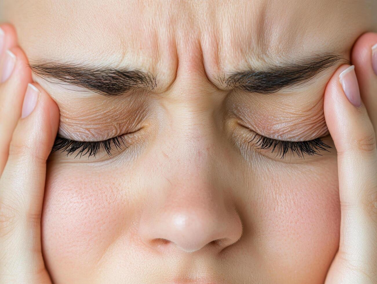 Person suffering from severe migraine with eyes closed and hands pressing temples showing pain and discomfort photo