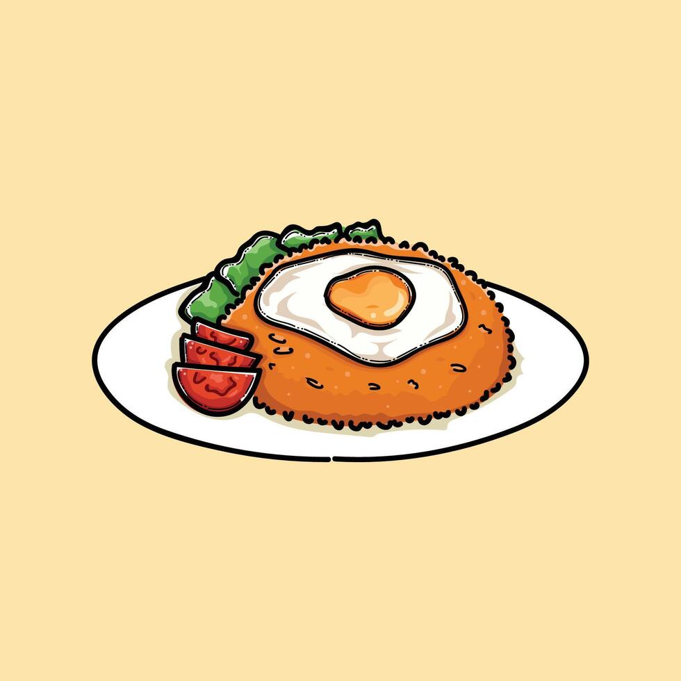 Plate of fried rice topped with an egg, sliced tomatoes and lettuce illustration design vector