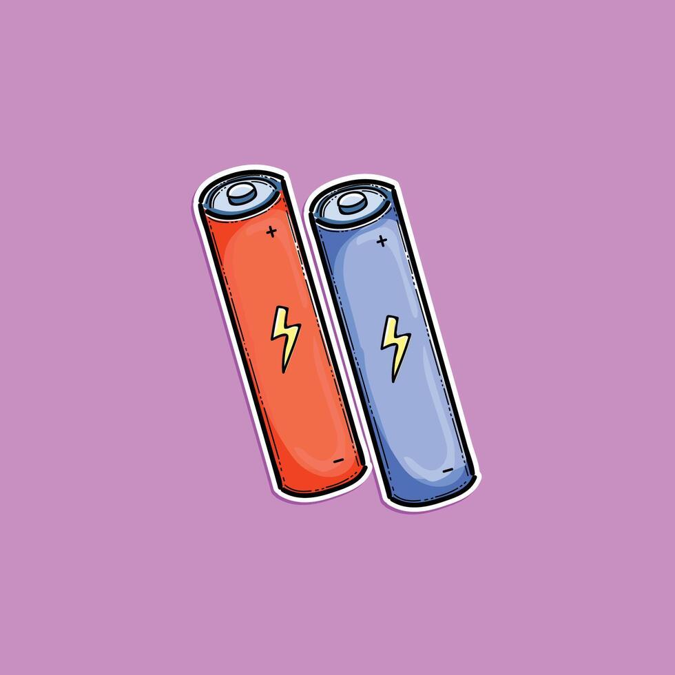 Illustration of a blue and red battery next to each other, symbolizing energy and power, on a bright purple backdrop. Useful for concepts like electricity, energy storage. vector
