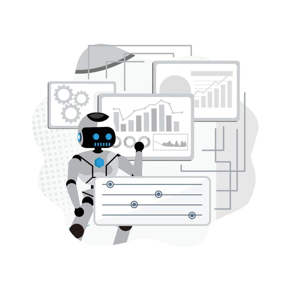 Robot analyzing data and graphs vector