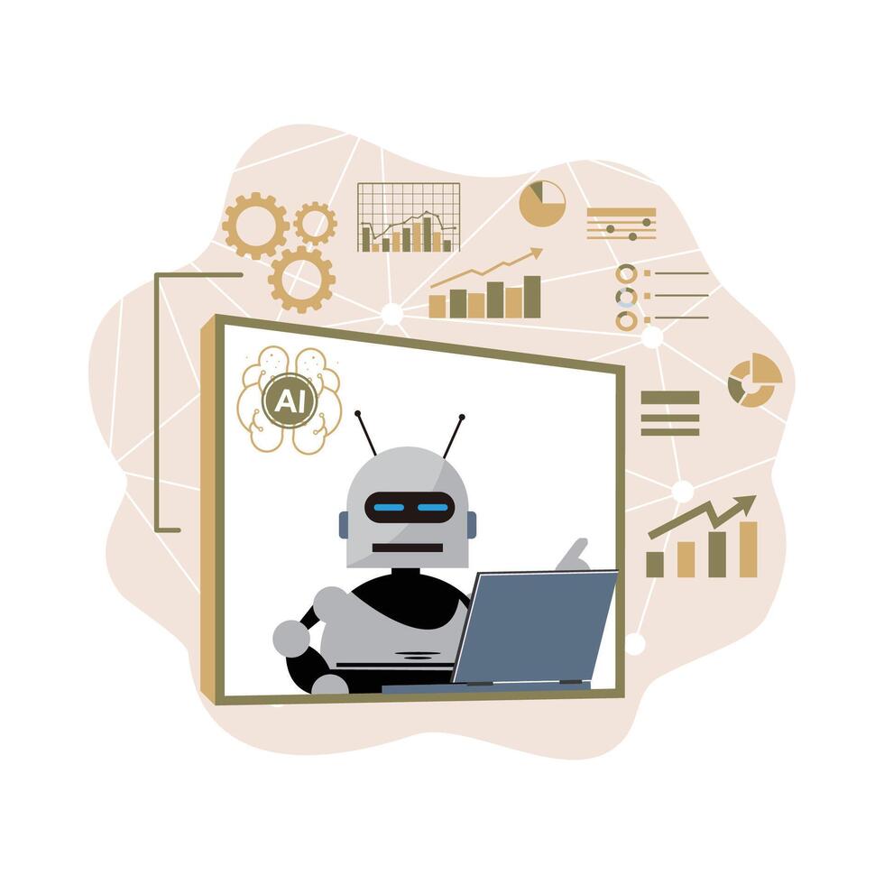 AI robot with laptop and charts vector