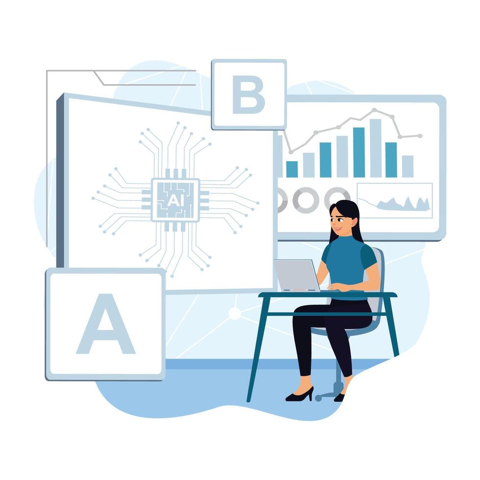Woman using AI technology for data analysis vector
