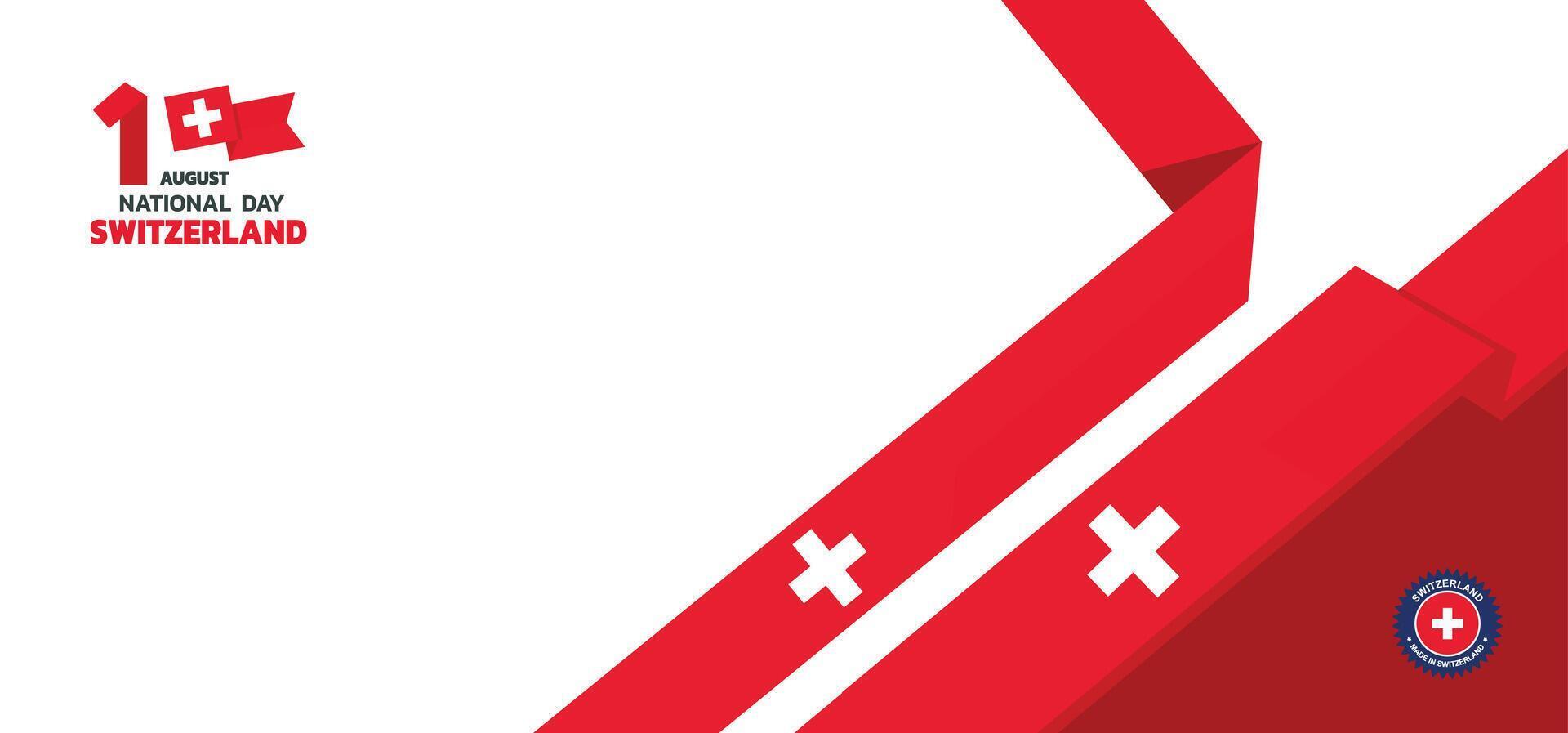 Geometric minimalist switzerland Independence Day design, August 1st design element template with waving ribbon flag on the right, switzerland map and flag vector