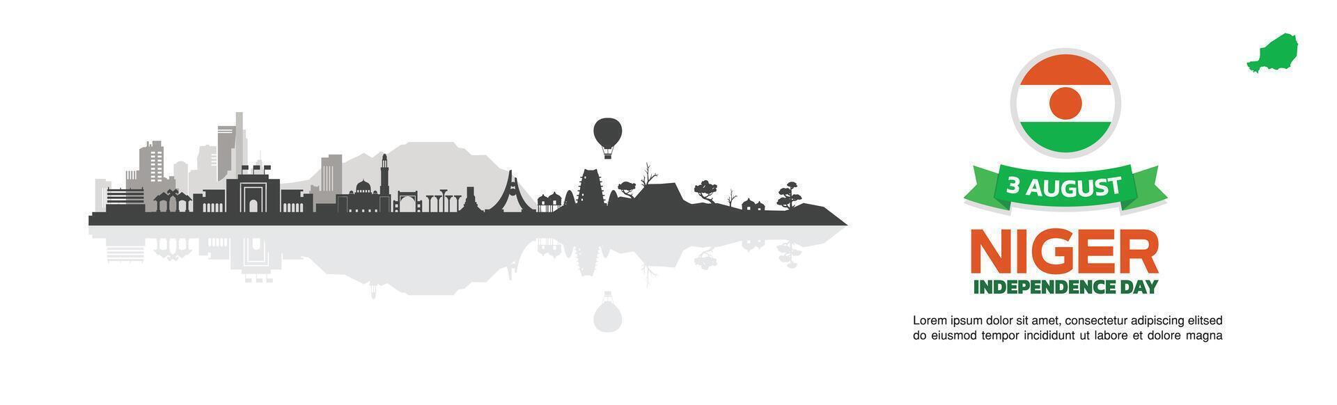 Niger Independence Day Design with buildings and icons, Background, Design, Greeting, Template and Niger skyline greeting. 3rd August design with swiss map and flag vector