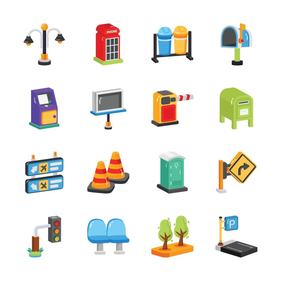 Ready to use latest collection of public facility 2d style icons vector