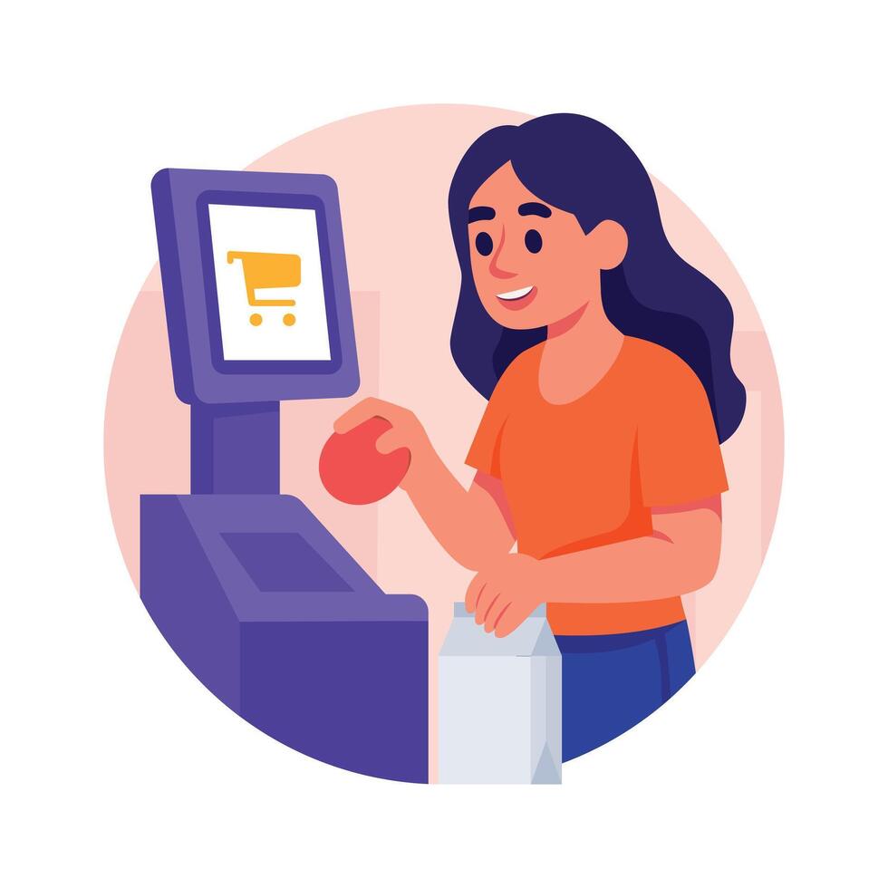 Woman scanning items for payment at self-service checkout. vector