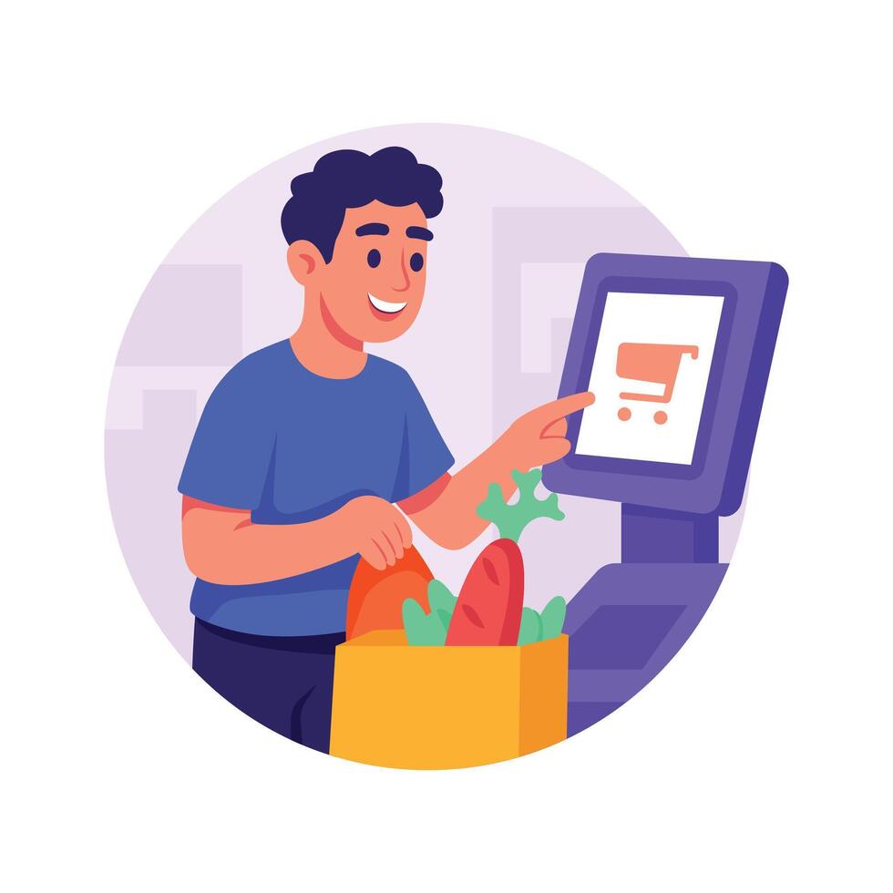 Well designed illustration of a man making payment at self-checkout for groceries. vector