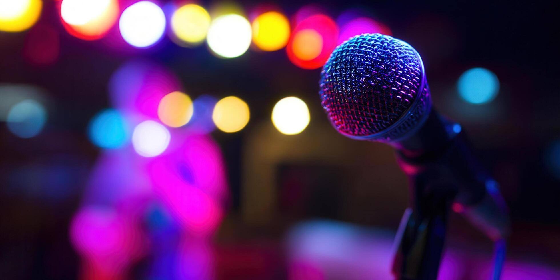 A microphone on stage during a live music performance with colorful bokeh lights. photo