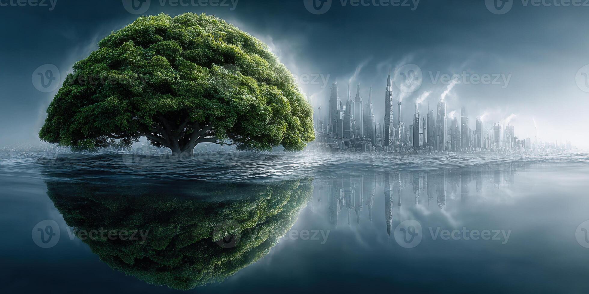 This image presents a striking contrast between nature and urban development in a surreal setting. photo