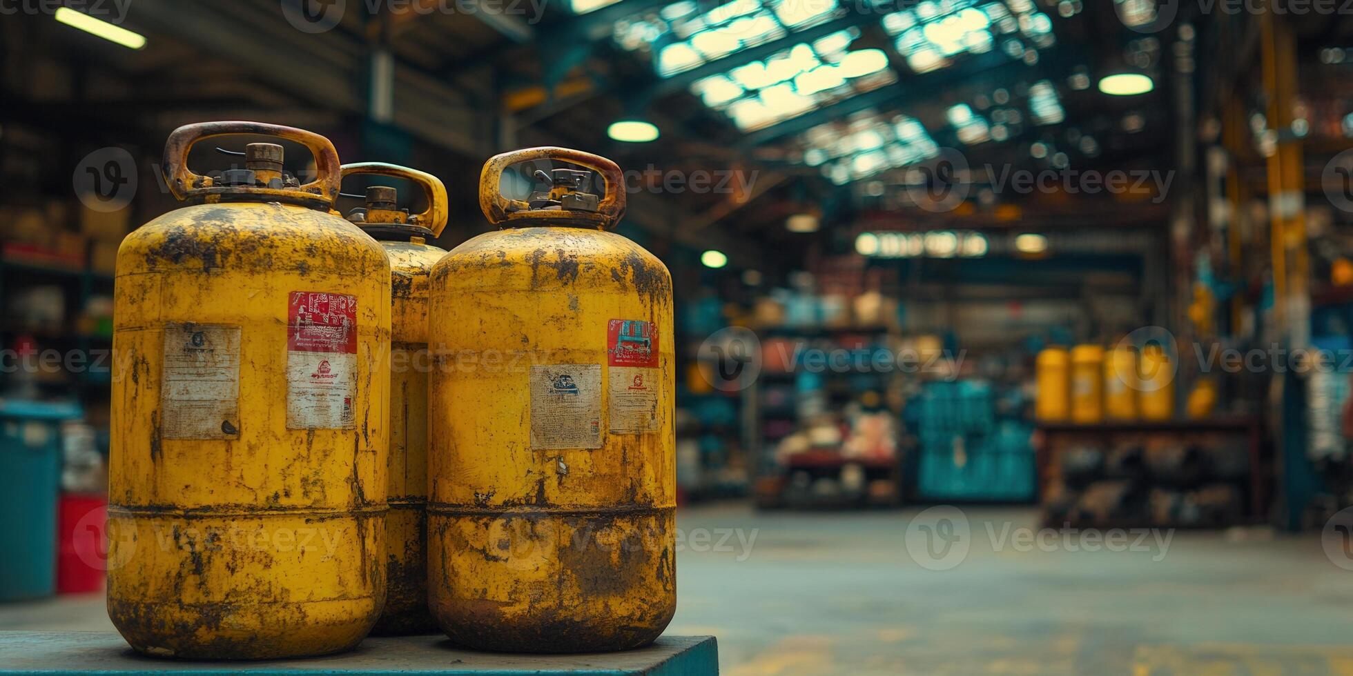 Old, yellow propane tanks lined up in a warehouse, showing signs of age and use. photo