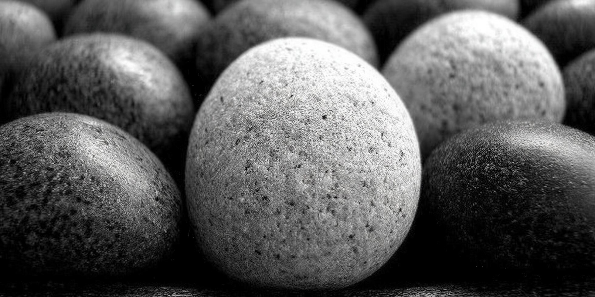 A grayscale composition of smooth, textured pebbles, creating a peaceful and minimalist scene. photo