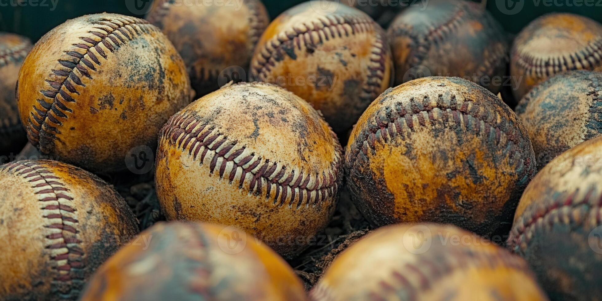 Close-up of a pile of well-worn baseballs with visible seams and textures. photo