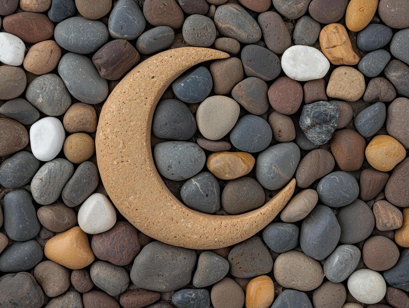 crescent moon shape carved from stone rests among smooth pebbles, creating serene atmosphere photo