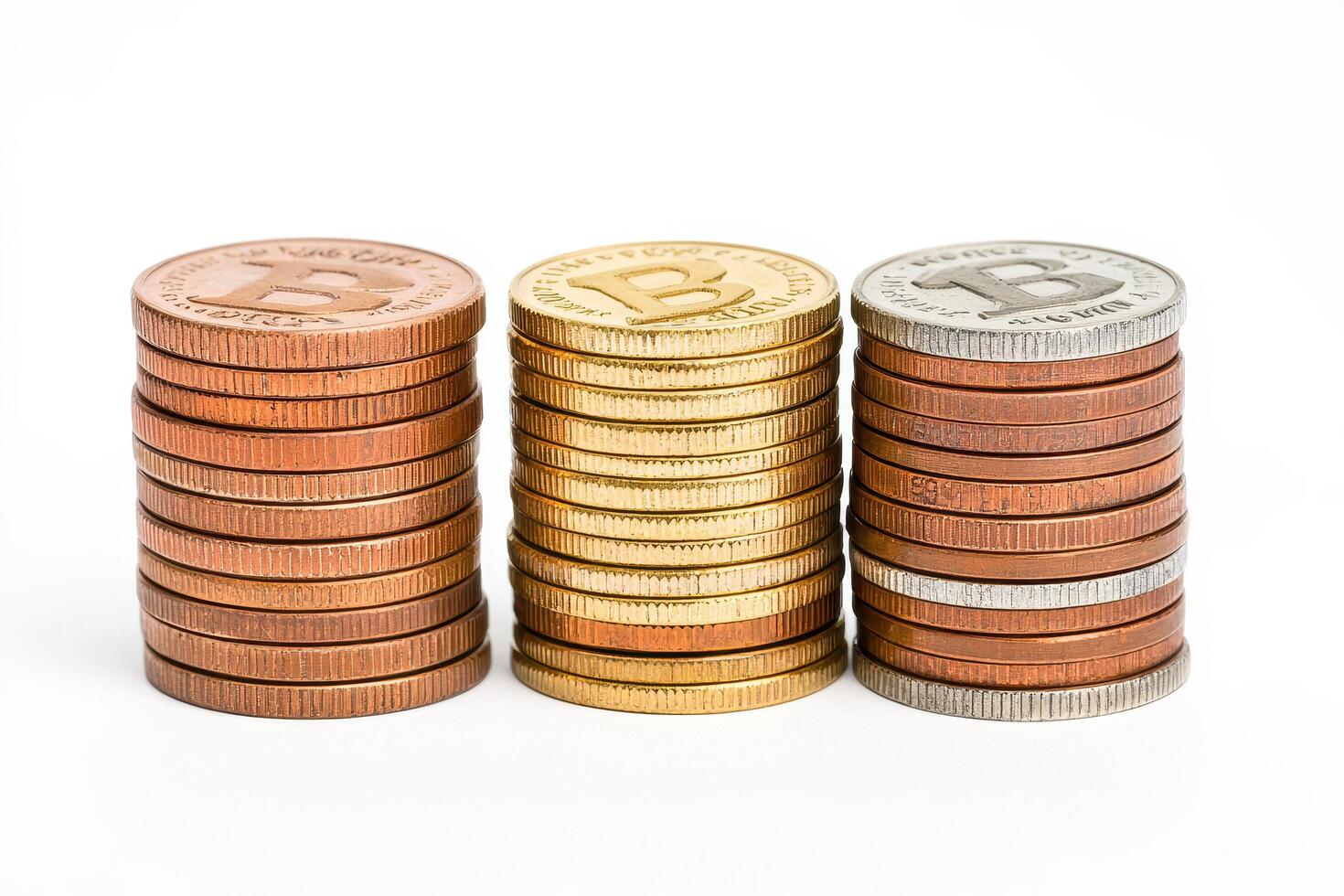 Stacked coins three rows, showcasing different colors and sizes, symbolize wealth and investment photo