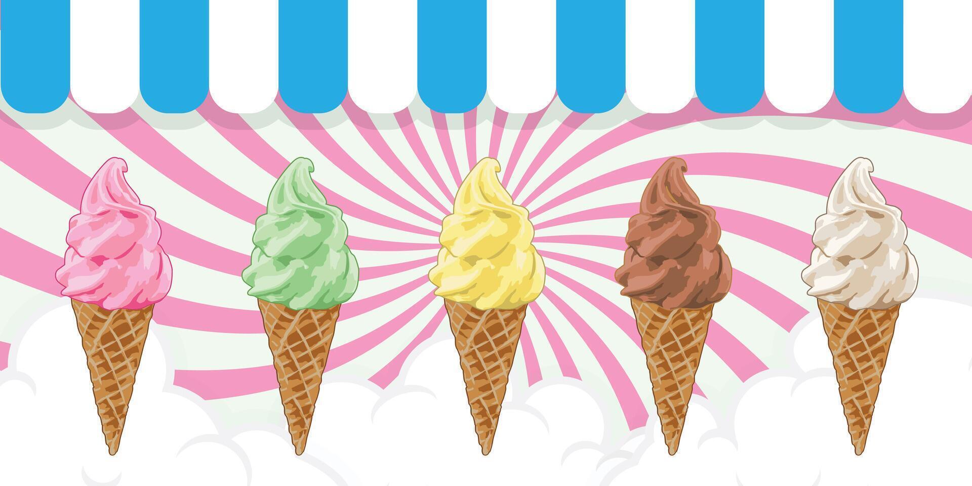 -Colorful ice cream cones on a radial background with swirling patterns. Foreground has colorful clouds and hanging flags. vector