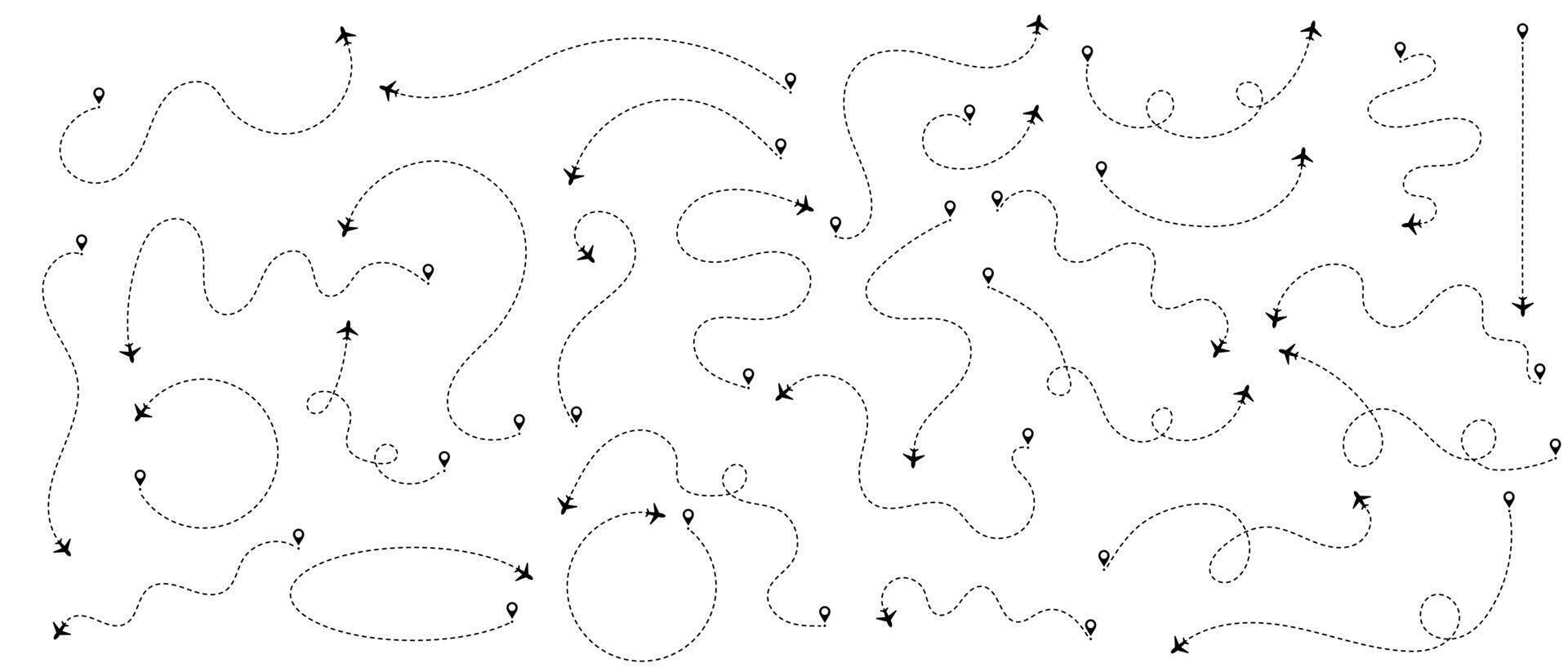 Line with plane icon for travel and flight trip, air map. Dashed route with dots and trace for airport plan or destination background. Simple graphic elements set vector