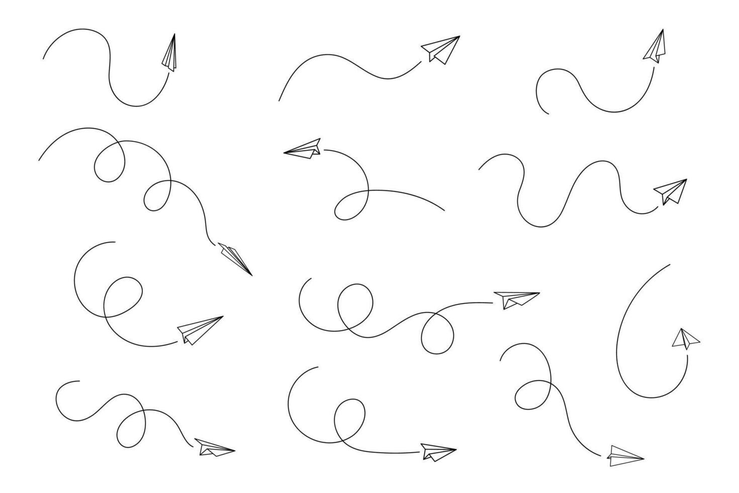 Paper plane with air path, line for flight or message travel. Aeroplane in outline form with track, trail vector