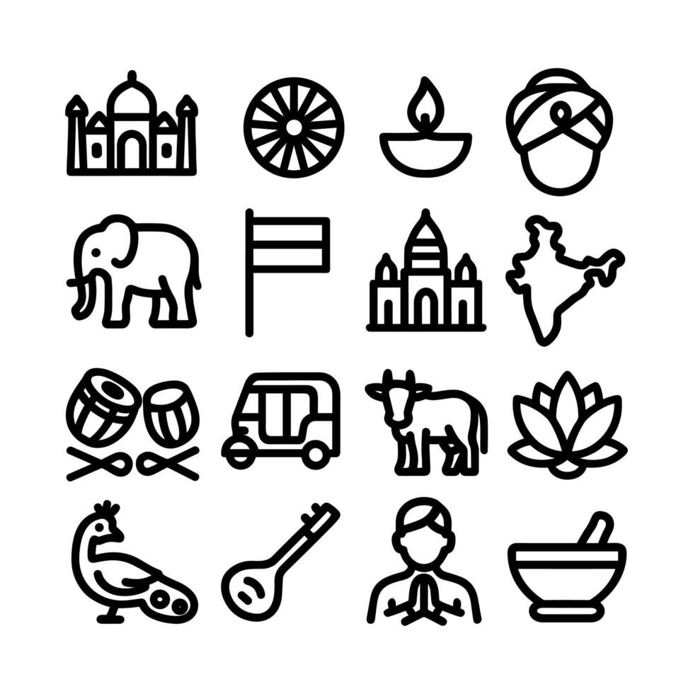 Minimalist Outline Style India Culture Element Landmark and Animal Icon Set vector