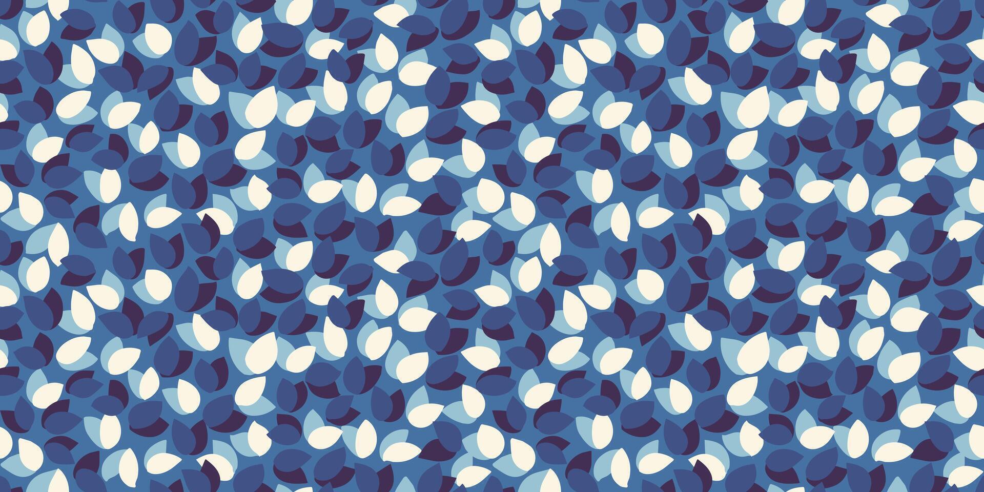 Seamless pattern featuring abstract petal like shapes in navy, soft blue, and white on a blue background. Modern, playful, and stylish, ideal for textiles, wallpapers, and branding vector