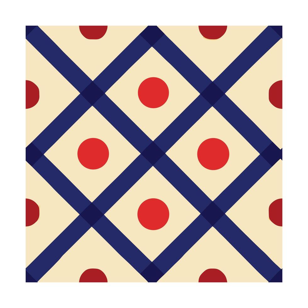 Repeating pattern red circles blue diagonal lines on cream geometric abstract vector