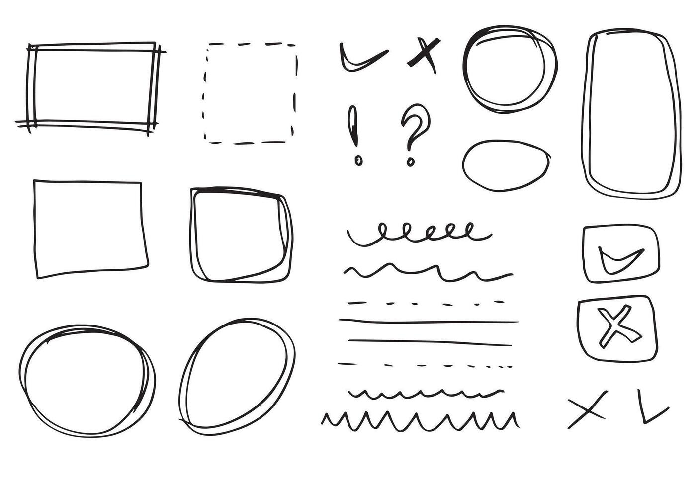 Doodle lines and curves. Hand drawn check and frame signs. Set of simple doodle lines, circle, frames and spots. Collection of pencil effects. Doodle border. Simple doodle set. vector