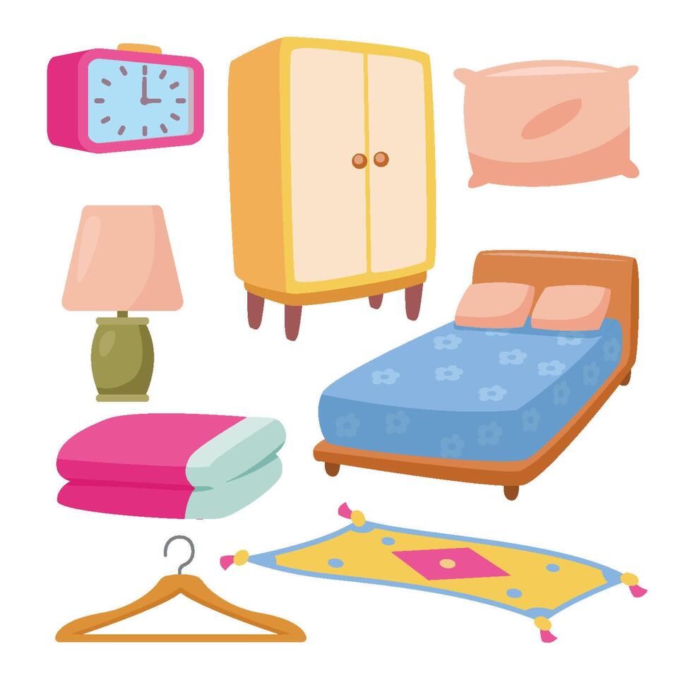 Set of Bedroom Element Objects set collection, with Blanket, Carpet, Hanger, Pillow, Digital Clock, Lamp, and Bed. Sleeping Elements Flat Style Icon Illustration vector