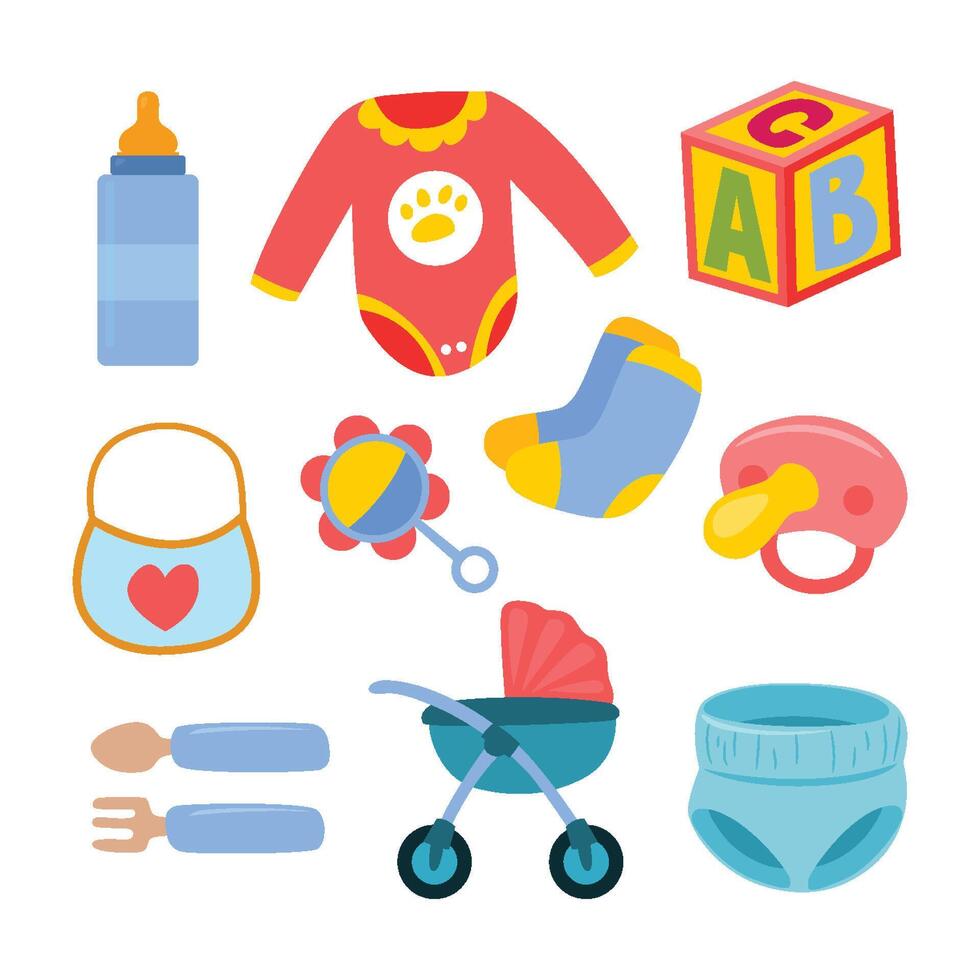 Set of Baby Newborn Element Objects Set Collection with Baby Bottle, ABC Blocks, Stroller, Spoon, Fork, Toddler and Pacifier. Flat Style Icon Illustration vector