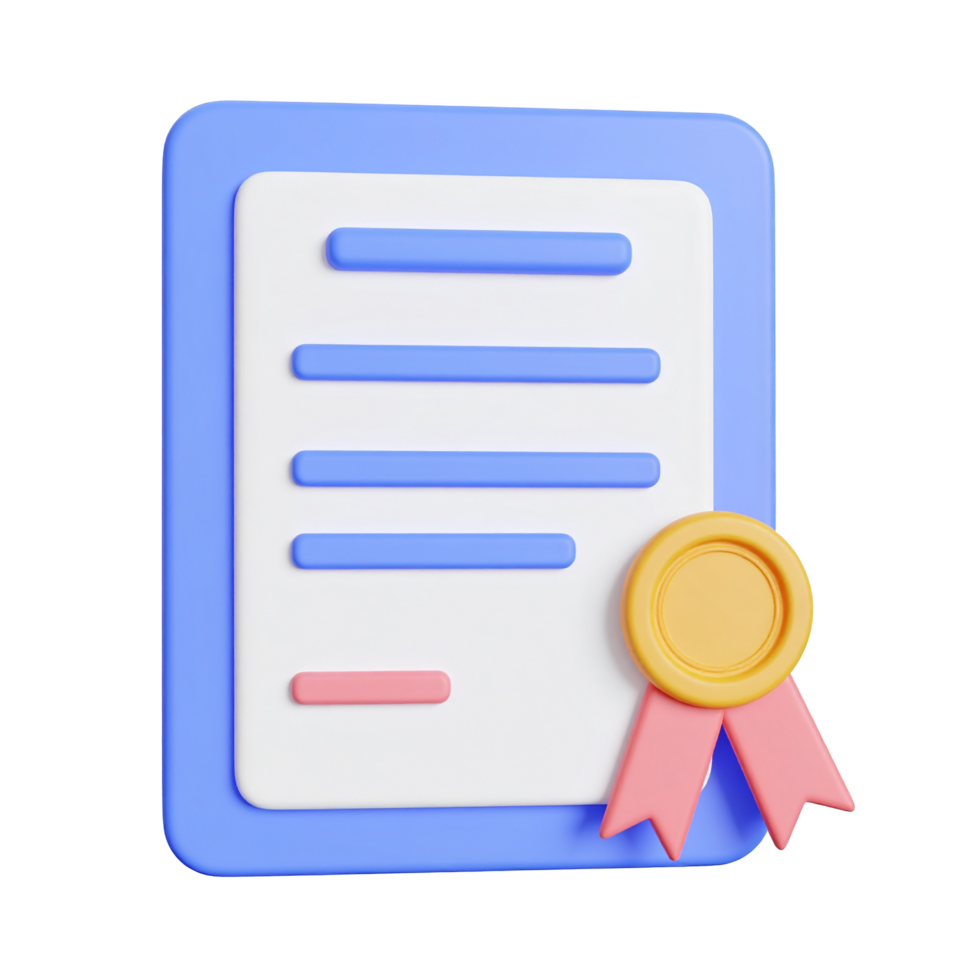 Elegant 3D certificate award badge rendering on transparent background png