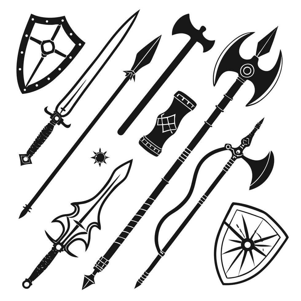 A mystical collection of fantasy themed silhouettes featuring mythical creatures and magical elements perfect for enchanting designs and imaginative projects vector