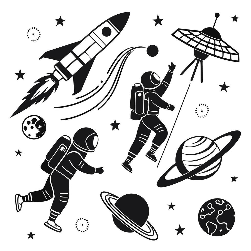 A diverse collection of space themed silhouettes featuring planets stars rockets and astronauts in a modern graphic style perfect for science and exploration designs vector