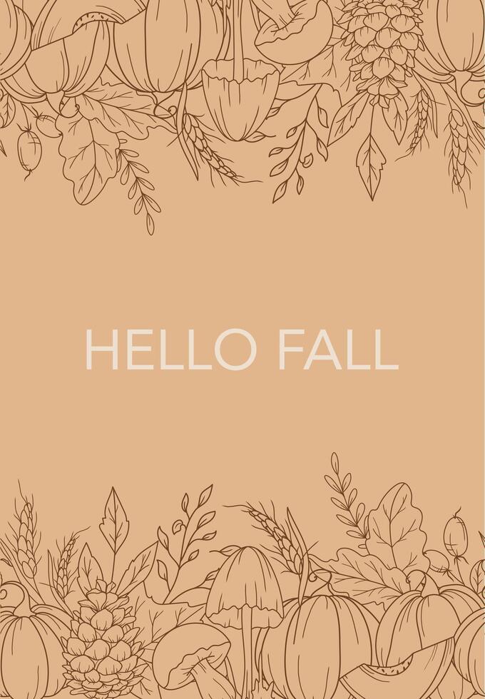 Hello Fall Card Design. Hello Fall Poster. Horizontal Fall Background. Autumn Line Art Drawing. Fall Botanical garland seamless. Border Frame vector