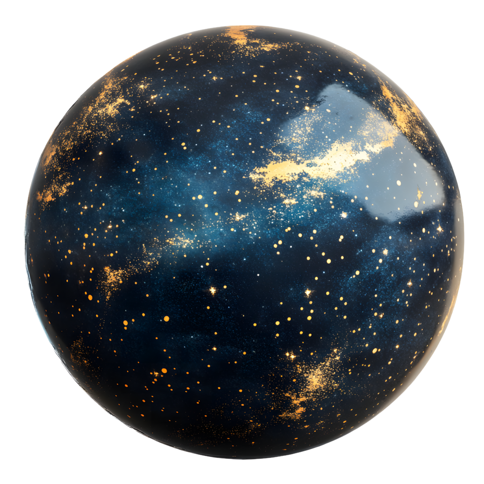 Glistening dark sphere with golden flecks and celestial swirls isolated on transparent background png