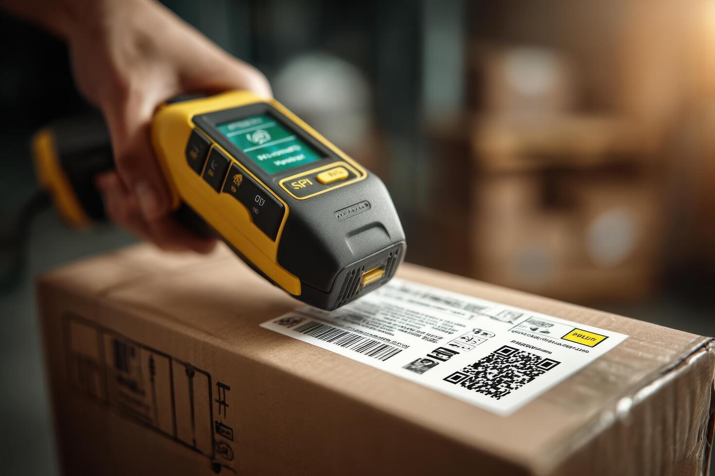 A person using a handheld device to scan a package photo