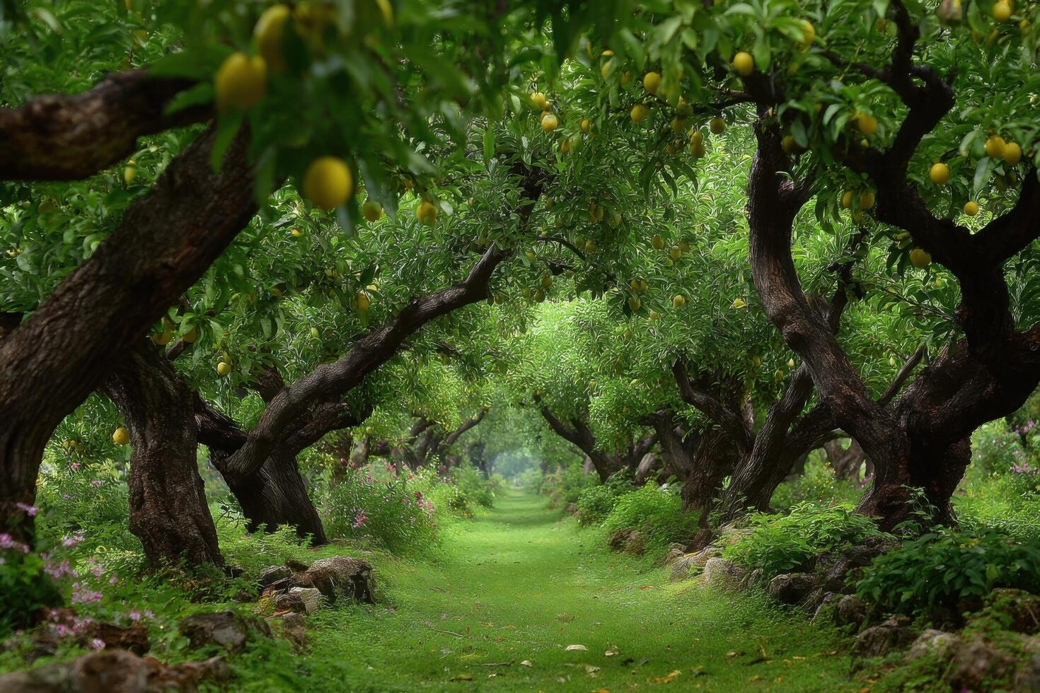 A path through a grove of trees with lemon trees photo