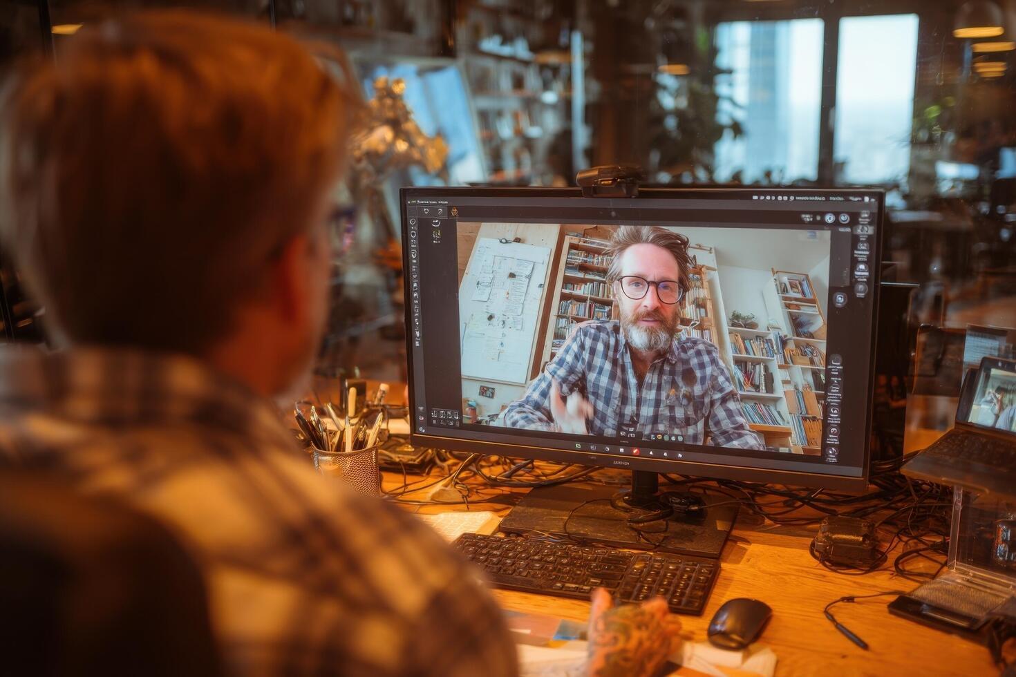 A man is sitting at a desk with a computer screen on it photo