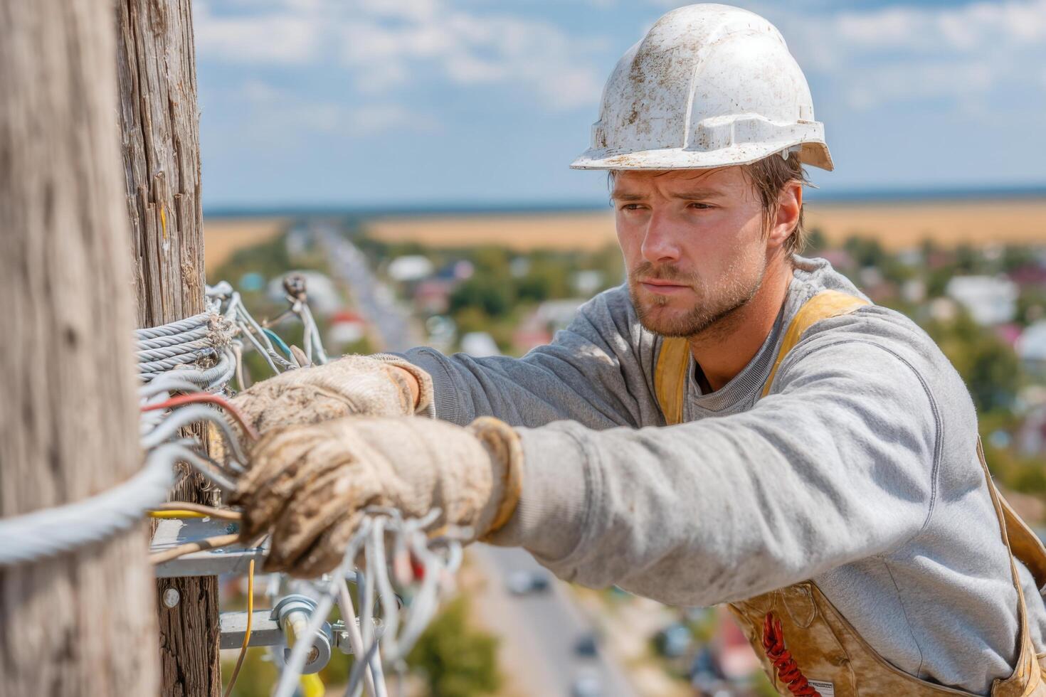 A man in a hard hat working on a power pole photo