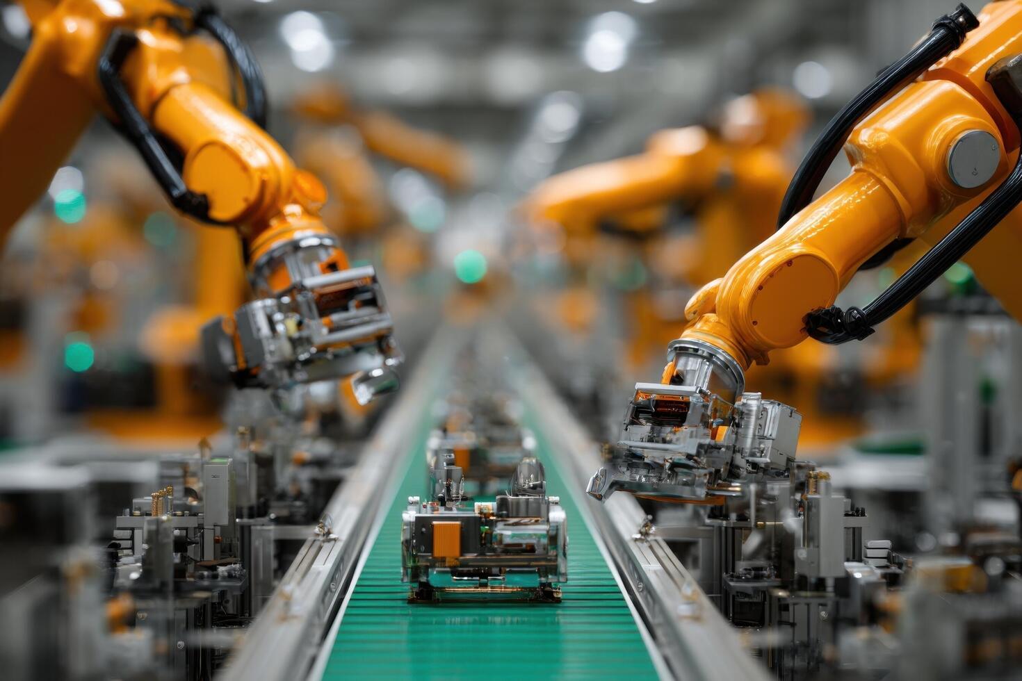 Robots working on assembly line in factory photo