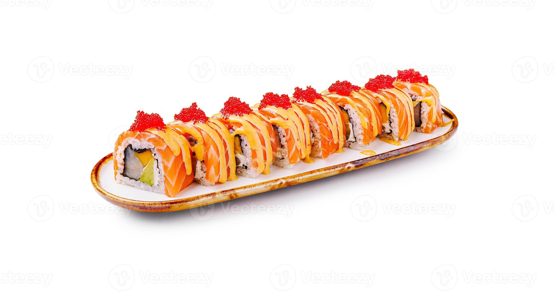 A vibrant selection of sushi rolls displayed on a long, elegant plate. Each roll is topped with fresh salmon and red roe, perfect for sharing during a meal. photo