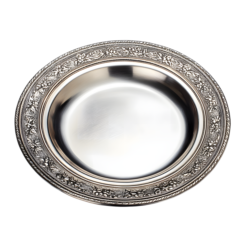 Ornate silver bowl with intricate embossed pattern isolated on transparent background png