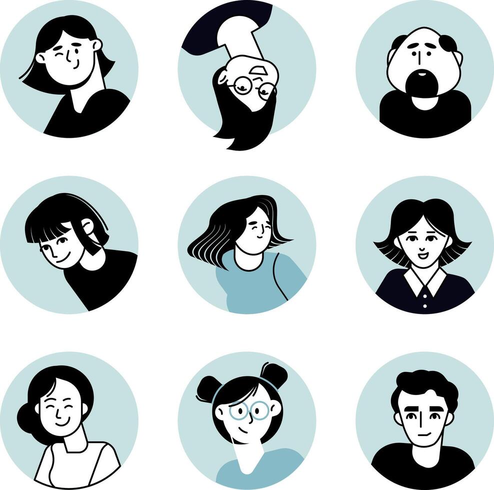 Illustrated characters in circular frames vector