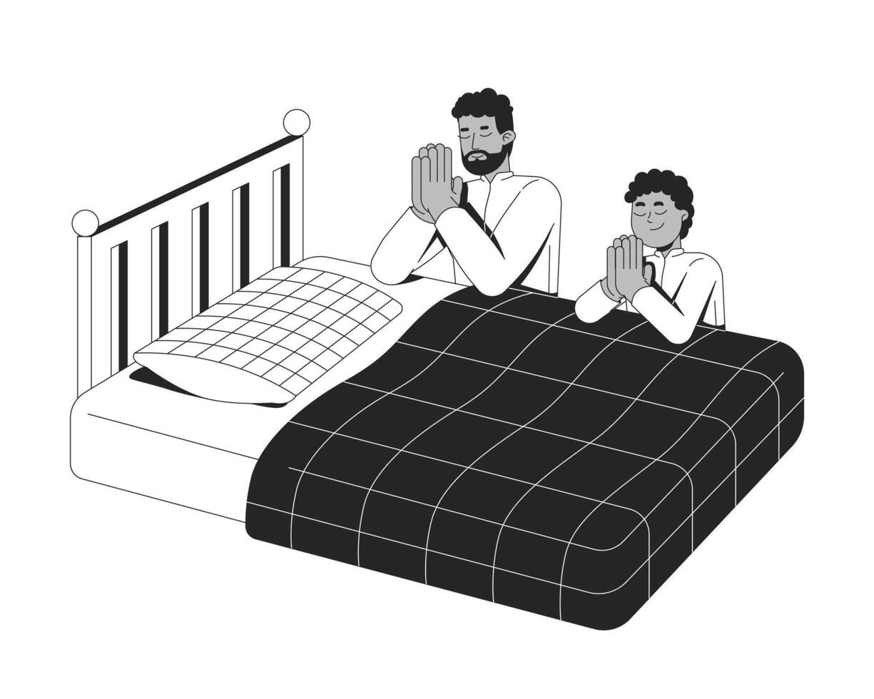 Black father son kneeling in prayer beside bed outline illustration. Bedtime praying. Raising child with faith. Christian parenting 2D line characters isolated. Monochrome ink linear image vector