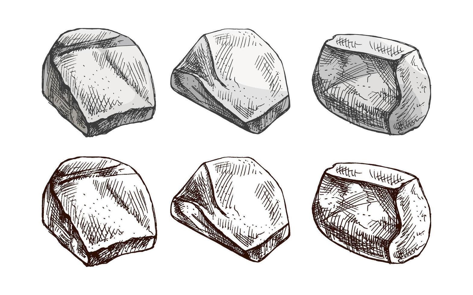 Hand drawn vintage sketch set of natural rocks in color and monochrome, isolated illustration on white vector