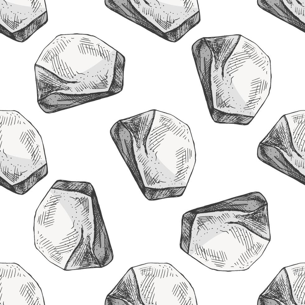 Hand drawn vintage seamless pattern with grey stone block in rustic sketch style, isolated illustration vector
