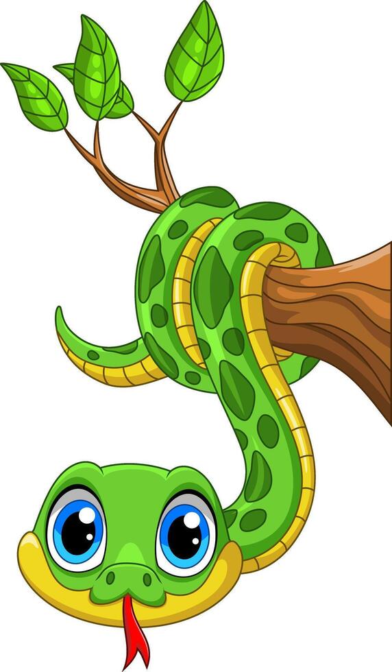 Cartoon baby green snake on tree branch vector