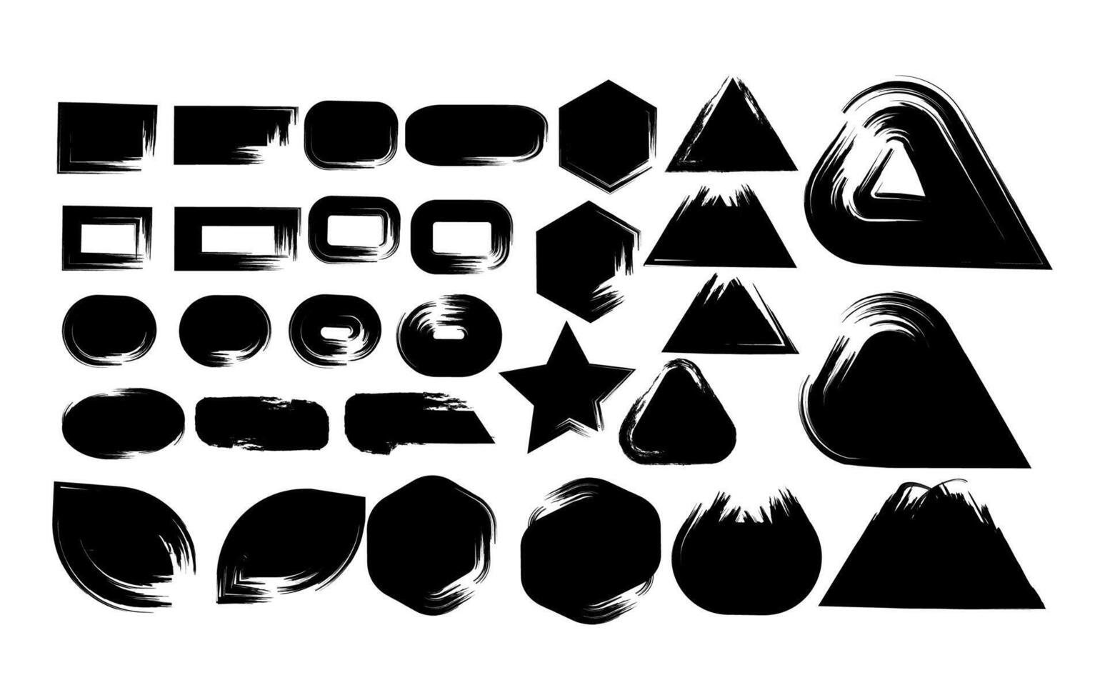 Collection of bold black brush stroke shapes in abstract and geometric forms. Features hand painted textures perfect for modern design, branding, and creative projects. vector