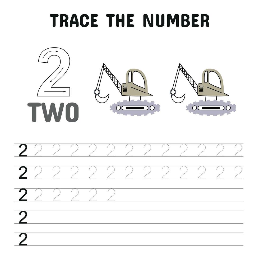 Educational tracing worksheet for kids featuring the number 2 with two construction excavators, designed for early handwriting and counting practice. vector