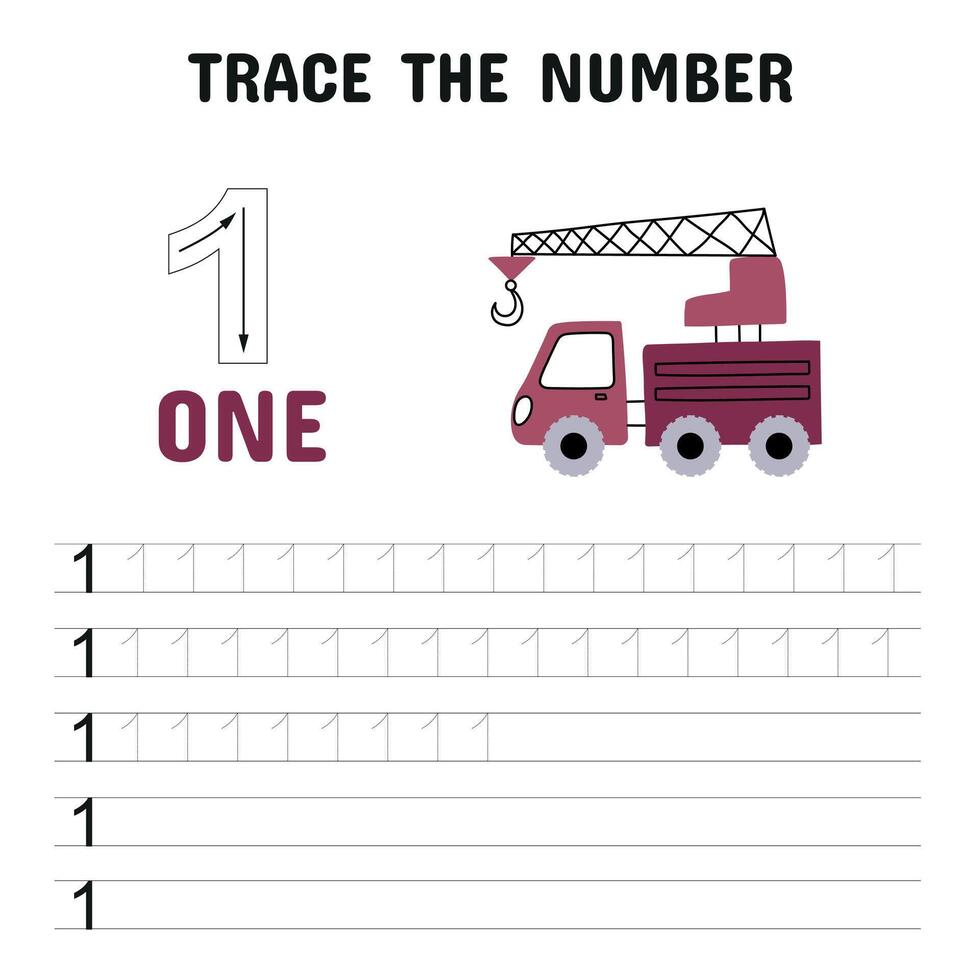 Number tracing worksheet for kids featuring the number 1 with a red crane truck illustration, helping children learn to count and write through engaging visual support. vector