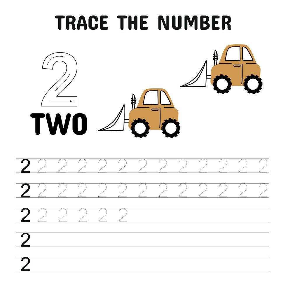 Educational number tracing worksheet for kids showing the number 2 with two yellow bulldozers, helping children practice writing and early counting skills.Web vector